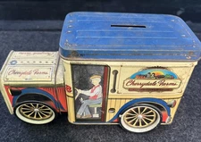 Vintage Truck Tin with Wheels and Bank Slot Cherrydale Farms Front Is Removable