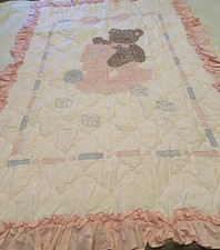 Handmade Pink Cotton Crib Quilt With Teddy Bears Cross Stitched  Ruffled Edges