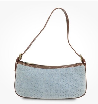 CELINE C Macadam Suede Leather Pochette Shoulder Bag (RARE Light Blue) Vintage 
