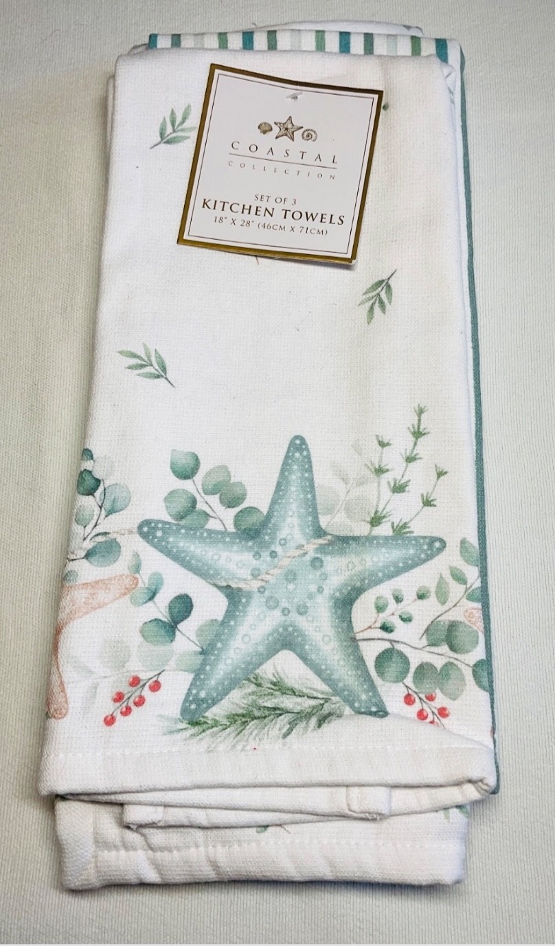 COASTAL COLLECTION KITCHEN TOWELS (3) STARFISH GREEN STRIPES 18 X 28 COTTON NWT