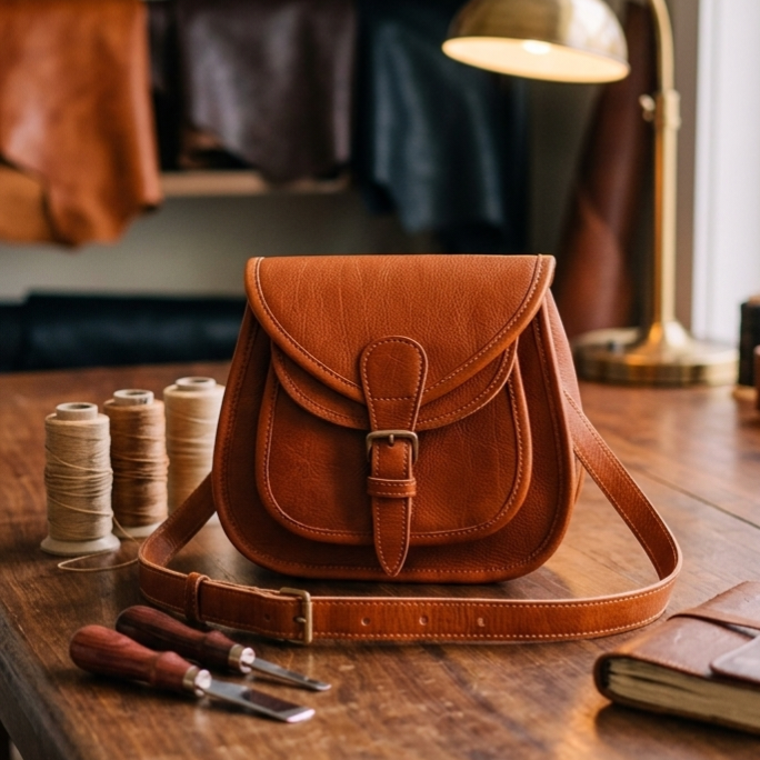 Vintage Leather Crossbody Bag Handmade Brown Satchel Small