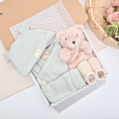 Unisex Salbeigrün Kleidung und Teddy Bettdecke Geschenkkorb