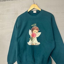 Vintage Angel Cherub Rose Sweatshirt Teal Graphic Crewneck TG XL