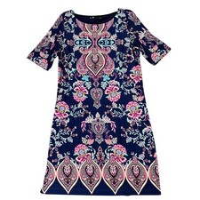 Leslie Fay Womens 12 Navy Blue Paisley Floral Shift Dress Short Sleeve Boho