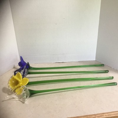 Vintage Murano Style Hand Blown Glass Flowers Set of 4 Long Stem 20 