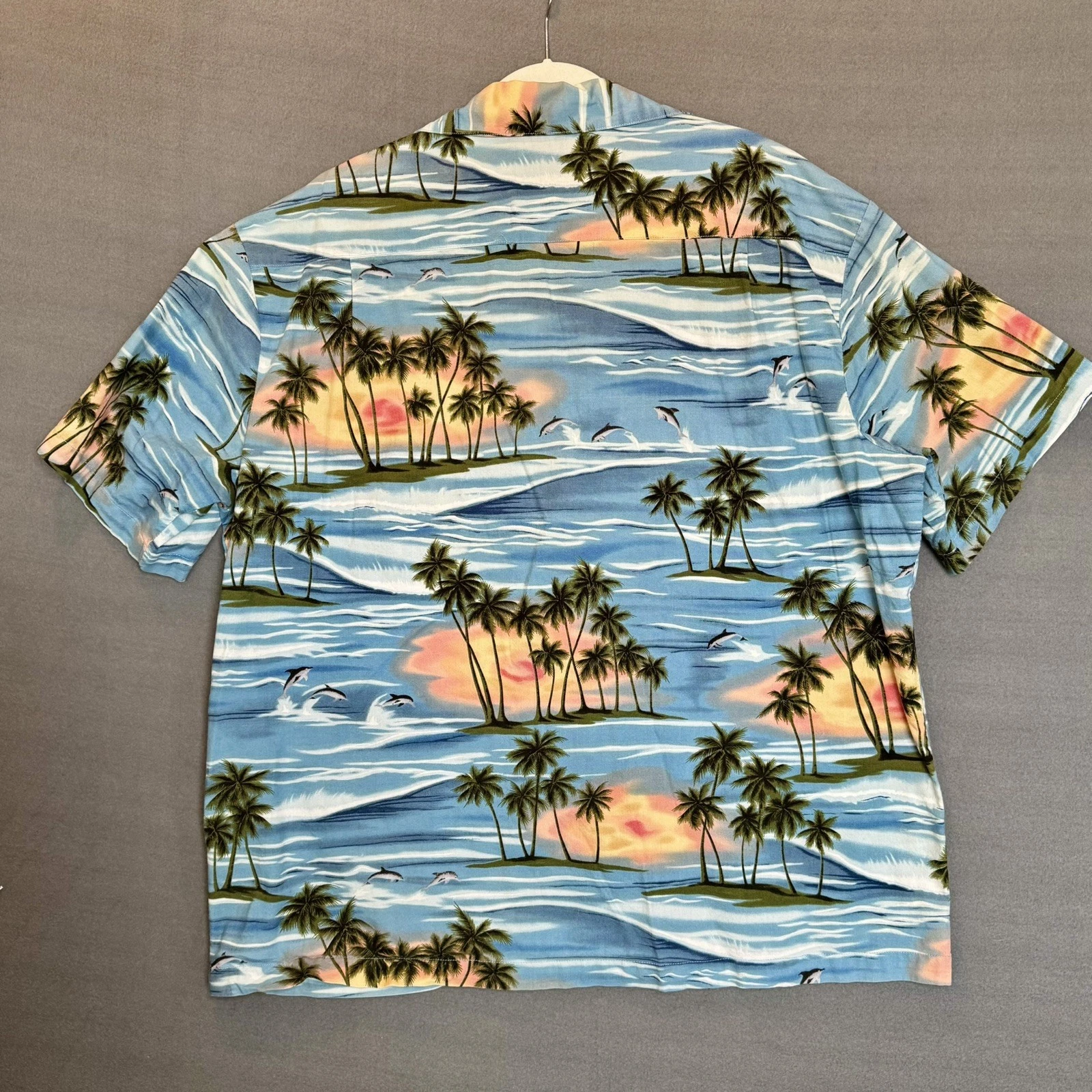 VTG Paradise on a Hanger Hawaiian Shirt Blue Ocean Palm Trees Sunset Mens XXL