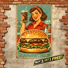 Vintage Burger Girl Metal Tin Sign Retro Diner Kitchen Wall Art 8x12