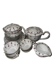 Noritake 20 Piece Pink Rose GreenGold Leaf Cups Plates Sugar Creamer Teapot 5530