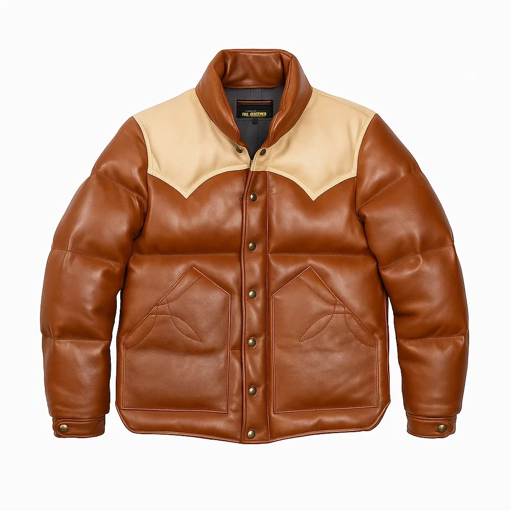 Handmade Western Lambskin Leather Puffer Jacket | Tan Down Coat, Cowboy Style