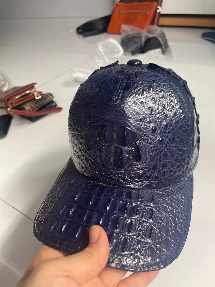 Gorra ajustable de cuero EXÓTICO 100 % real 100 % real azul marino hecho a mano Foto 4 de 4