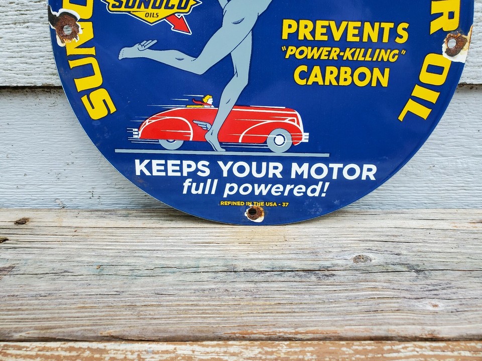 OLD SUNOCO MERCURY MADE MOTOR OIL PORCELAIN ENAMEL GAS PUMP STATION ...