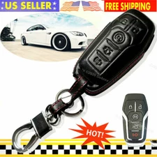 Genuine Leather Remote Case Protector Holder Cover Fob Hook for Ford Smart Key
