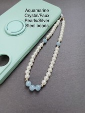 Blue Aquamarine Crystal Faux Pearl Beaded Phone Wrist Strap, Gift Ideas, Silver