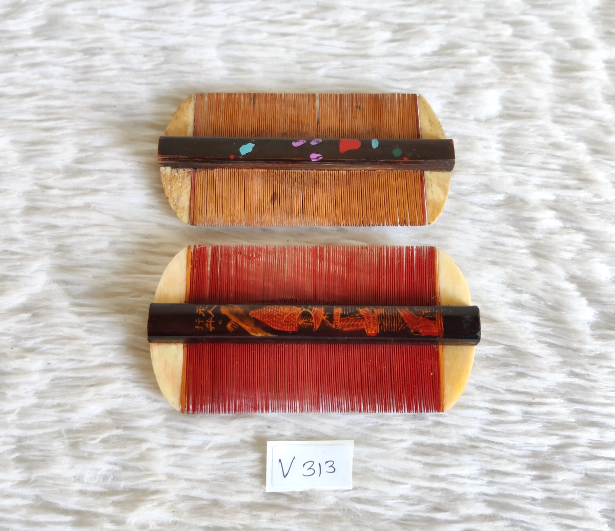 19c Antique Handmade Painted Wooden Comb Japan 2 Pcs Rare  display picture 3