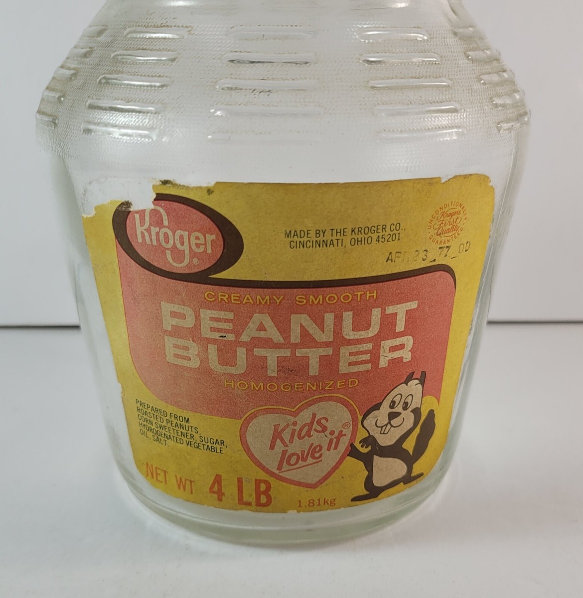 Vintage 1960's Kroger Peanut Butter Jar Glass Large 4LB Version
