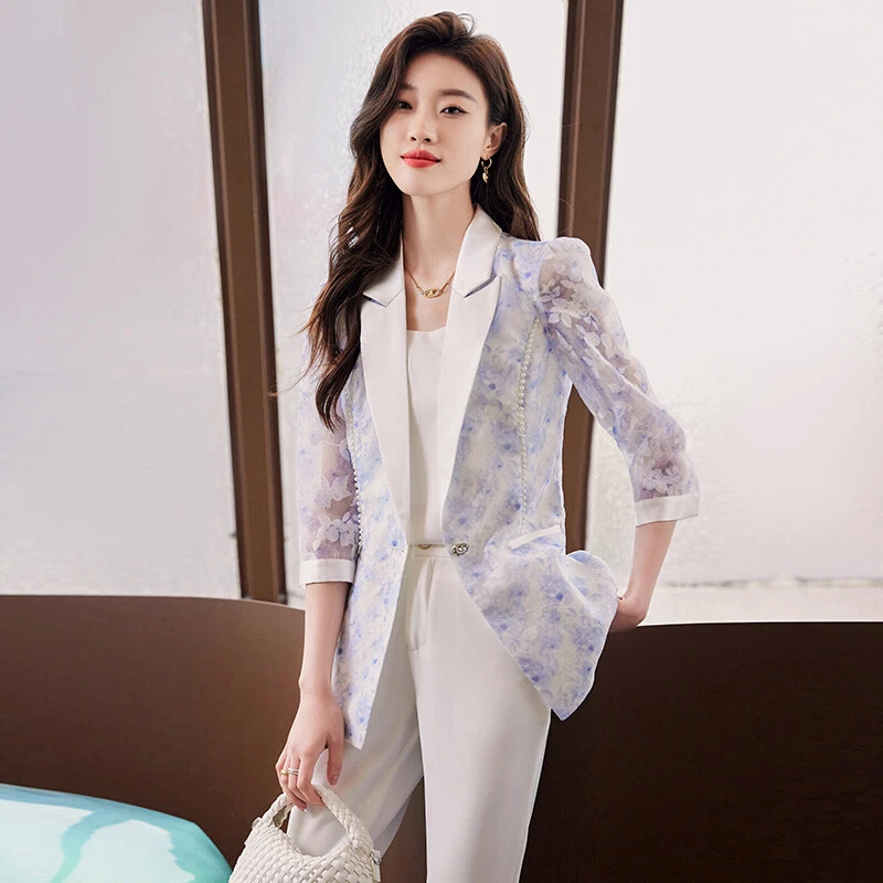 Women's Suit Coat Printed Mesh Suit Jacket Thin Summer One Button Casual Jackets - Image 4 of 4