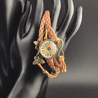 Layered Bracelet Faux Leather Infinity Flowers Eye Charms Boho Nature 70s Style