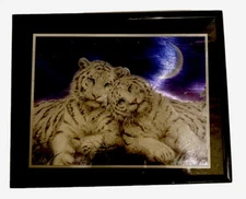 VINTAGE GORGEOUS METALLIC ART FRAMED White Tigers Under The Moon in 8x10 USA
