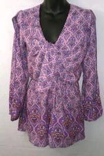 ROMEO & JULIET Purple Patterned Long Open Sleeve Shorts Romper MED  $195 NWT