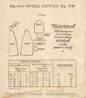 Vintage Sewing Pattern 1920s McCall 3758 Girl's Hooverette Dress