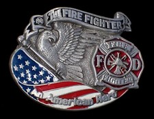 THE FIRE FIGHTER "AN AMERICAN HERO" BELT BUCKLE W/EAGLE  FLAG VINTAGE 1980'S