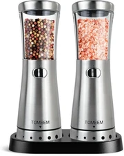 Electric Salt and Pepper Grinder Set with Storage Base, Bright Silver 