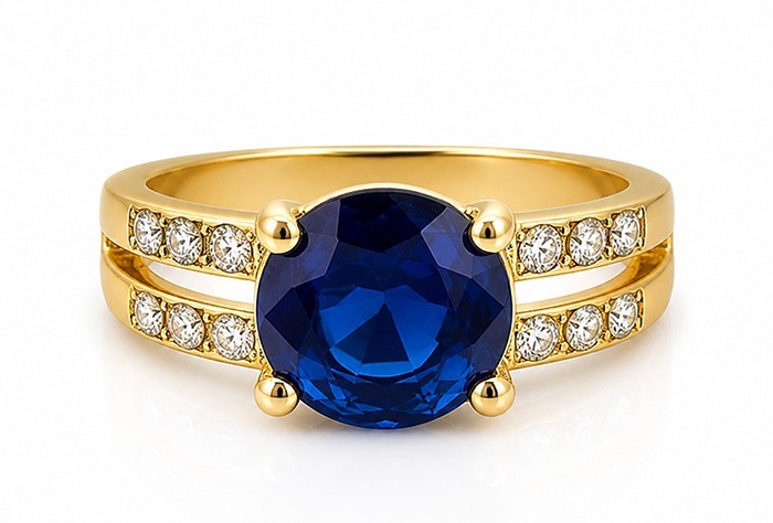 LAB CREATED 2.35 Cts BLUE & WHITE SAPPHIRE RING 14K YELLOW GOLD PLATED - NWT