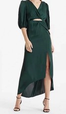 Express Green Solid Wrap Midi Dress V-Neck Cutout Side Slit Puff Sleeve L