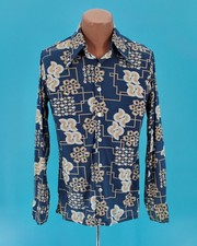 Men's VTG 70s Blue  Beige Polyester Shirt Sz M 1970s JC Penney Disco