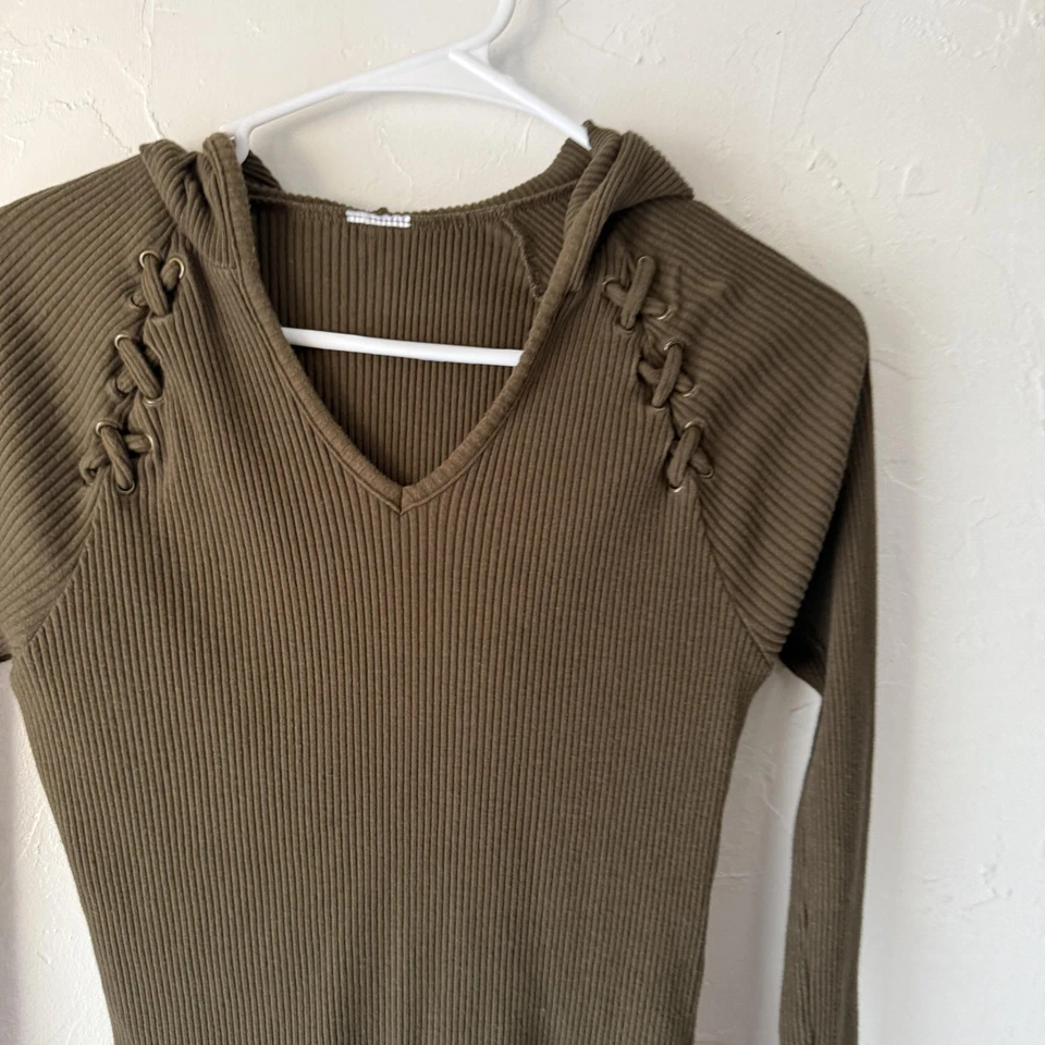 Sudadera con capucha pulóver acanalada para mujer grande verde con cordones cuello en V manga larga elástica Foto 2 de 4