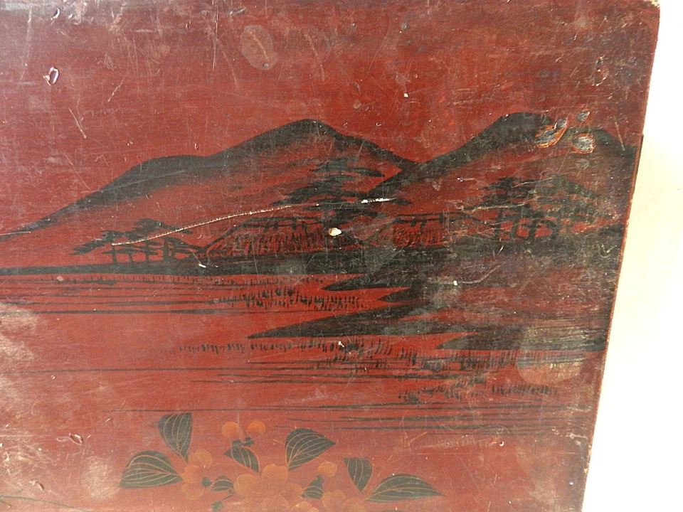 Chine *Ancien Plateau / Dessus de Table Basse Laqué Sang de Bœuf *Scène Lacustre - Photo 3/4