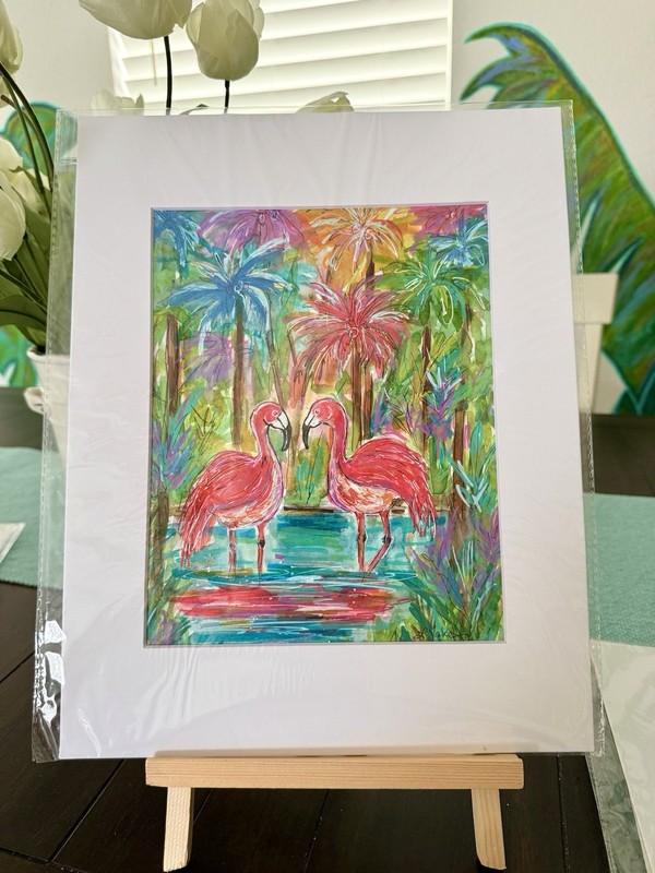 2 Pink Flamingos Tropical Garden Art Original 11x14 Matted Linda Yake