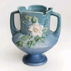 Vintage Roseville White Rose 146-6 Blue Vase Double Handle Blue 6" Trophy