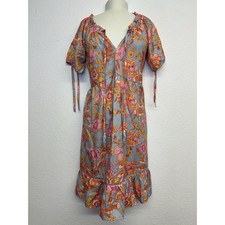 Retro 70s Mod Hippie Floral M/L Peasant Boho Prairie Cottage Midi Dress Flowy