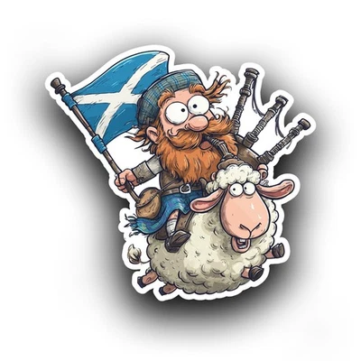 DANSDESIGNS Scottish Man Playing Bagpipes Riding Sheep Funny Vinyl Sticker Decal 100x95mm