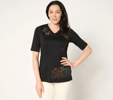 Quacker Factory Women's Top Sz L Bright Beautiful Bouquet Elbow Black A685005