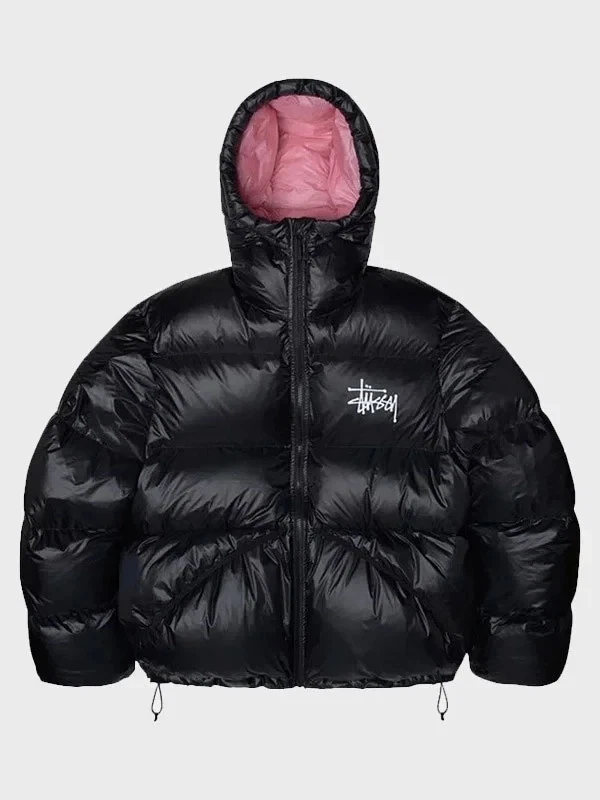 Stussy Puffer Jacket Black Pink Hood - Image 3 of 4
