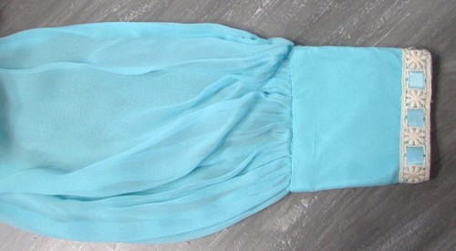 Vtg 60s Baby Blue White Lace Chiffon Maxi Mock Bishop Sleeve Gown Buttons ribbon - Picture 24 of 24