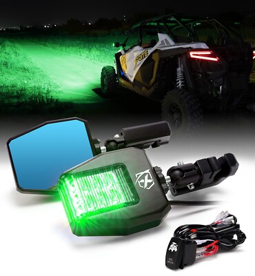 UTV Rear View Side Mirrors Green Led Lights For 1.75-2'' Roll Bar Polaris RZR SXS