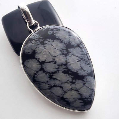 Snowflake Obsidian 925 Silver Plated Gemstone Pendant 2.5'' Best Gifts GW