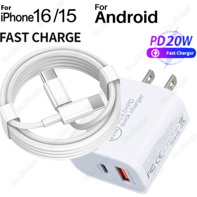 For iPhone 15 16 iPadPro Android QC PD 20W USB-C Fast Charger Type-C USB-C Cable