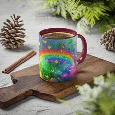 Rainbow Fireflies Over Wildflowers Mug,Coffee Hot Cocoa Tea Wintery Evening Gift