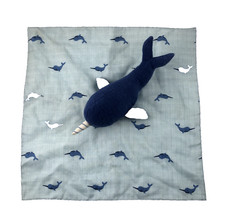 Blue Baby Narwhal Whale Security Blanket Lovey Plush Satin Trim Cloud Island 14"