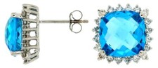 9.5CT DIAMOND  AAA BLUE TOPAZ 14KT WHITE GOLD 3D CUSHION  ROUND STUD EARRINGS