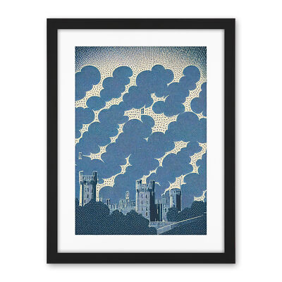 Windsor Castle Cloudy Sky Lithograph Blue Framed Wall Art Print Picture 18X24