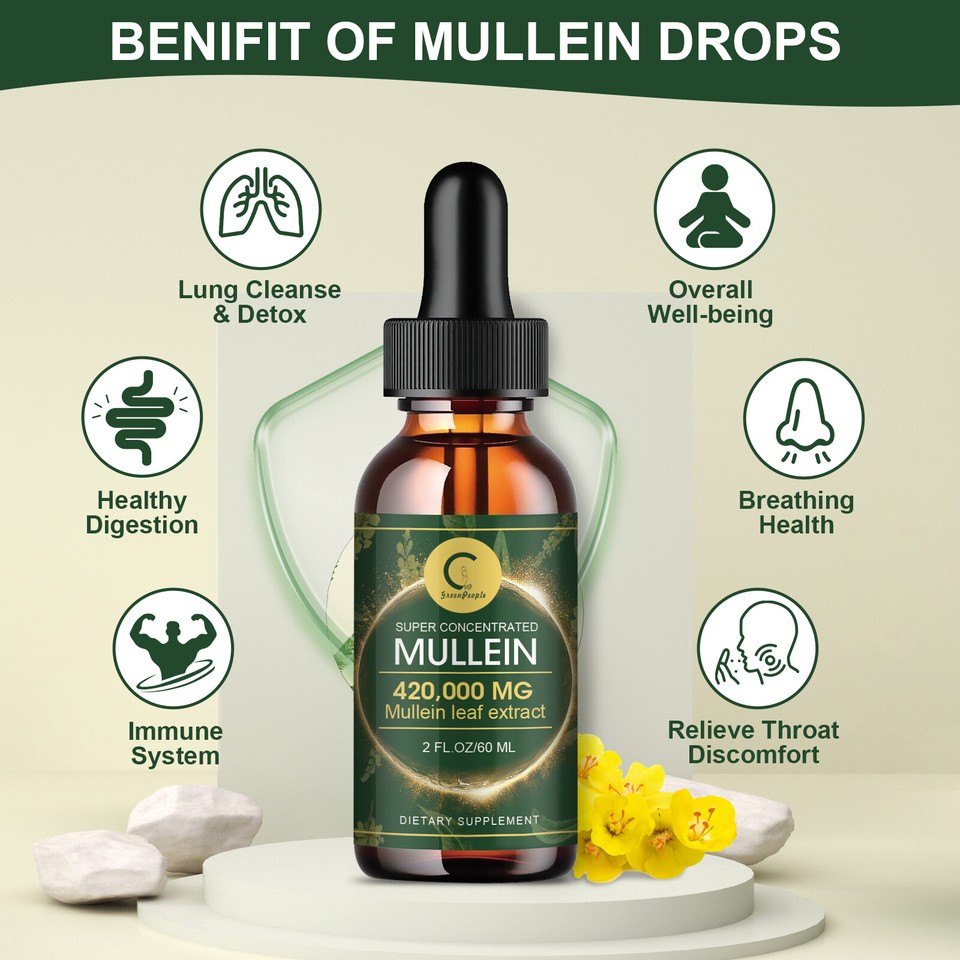 60ml Mullein Drops – Natural Lung Detox & Cleanse Extract Supplement With Elderberry & Marshmallow Root