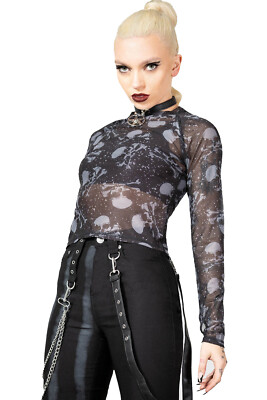 KILLSTAR Gothic Goth Punk Langarm Mesh Top - Carousel Schädel Knochen