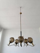 lampadario 5 luci mid century stilnovo in ottone e sfere di vetro fumè di murano