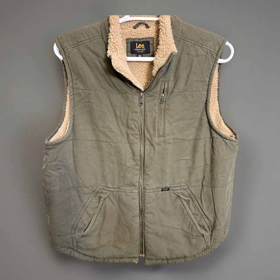 Chaleco de Lona Lee Para Hombre L Verde Oliva Forrado Sherpa Informal Otoño Prendas Exteriores Cremallera Foto 3 de 4