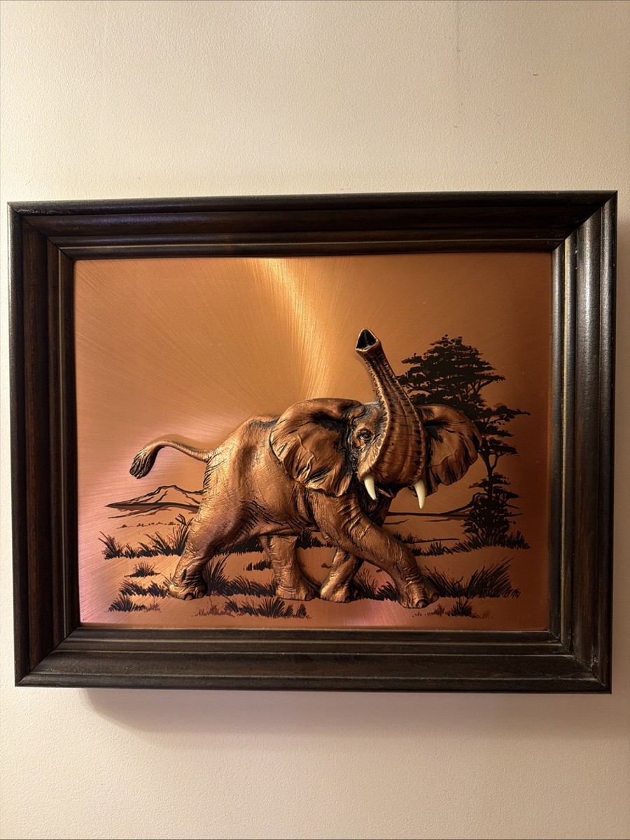 John Louw Signed 3D Copper Wall Art African Elephant Trunk Up 3D